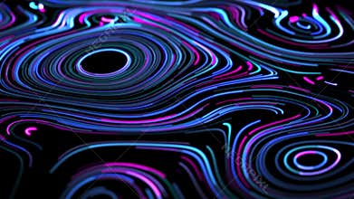 Bright pink and blue neon lines moving on liquid pattern with round elements and glowing stripes on a dark background