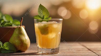 Refreshing pear juice in glass with mint leaves on blurred background for text space