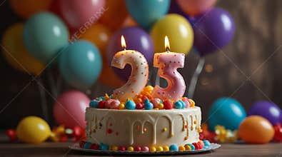 Number 23 candle on festive cake with balloons and party decor on blurred background for celebration