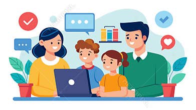 A family sitting around a computer screen looking at various online education options trying to determine which is the