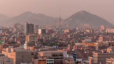 Panoramic skyline of Lima city from above with many buildings aerial timelapse. Lima, Peru