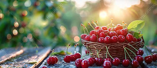 Ripe cherries in basket on wooden table