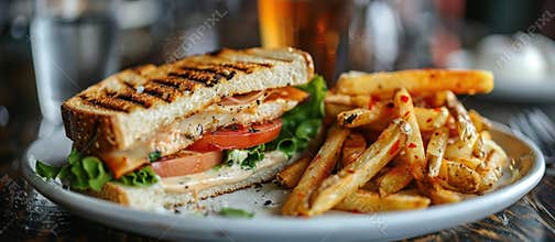 Tasty sandwich, fries, and beer platter