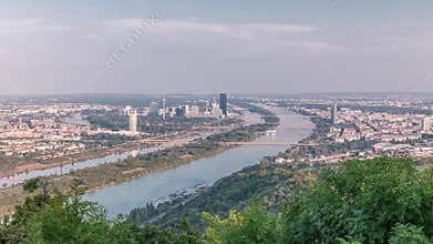 Skyline of Vienna from Danube Viewpoint Leopoldsberg aerial timelapse.