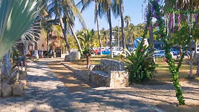 Restaurant hotel palm trees promenade bar on beach Puerto Escondido