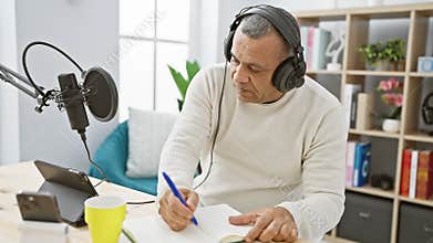 Mature hispanic man with headphones in a home podcasting studio writing notes