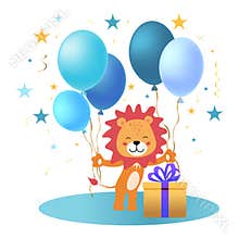 A postcard with a cute lion cub and balloons. Happy Birthday