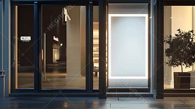 Generative AI Large blank banner in a shop window at night mock up 3D Render business concept.
