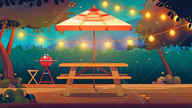 Backyard of a cottage with wooden terrace, barbecue area at night, picnic barbecue zone on patio at summer time, cartoon