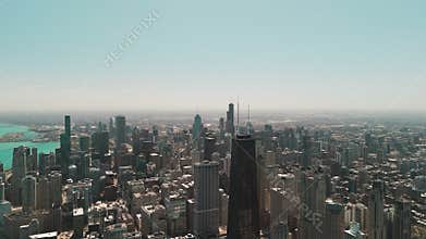 Elements of Chicago downtown skyline on day. Drone wide view