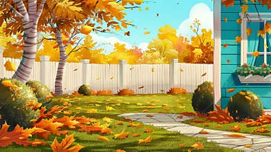 Animated autumn house backyard with yellow trees, bushes, fallen leaves on grass lawn and white wooden fence. Cottage