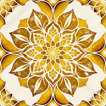 A gold and white mandala seamless pattern with a yellow center. The design is intricate and detailed, with a lot of