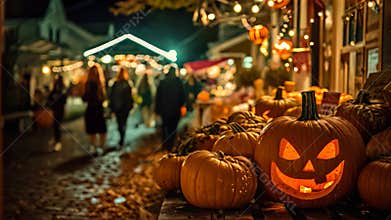 A gathering of various-sized pumpkins arranged neatly on a table, Halloween-themed street fair in a small coastal town