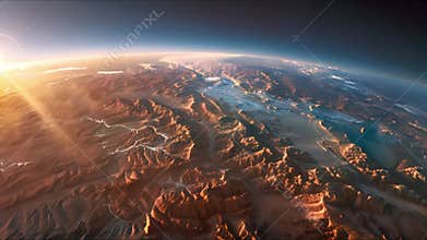 Panoramic view of beautiful rainforest. Beautiful sky, mountains and jungle. Aerial view. Prehistoric earth. Ai
