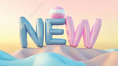 Surreal Balloon Letters Spelling NEW on Pastel Landscape