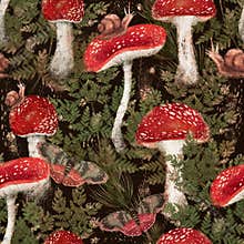 Red fly agarics, forest fern branches, butterflies and snails. Seamless pattern.