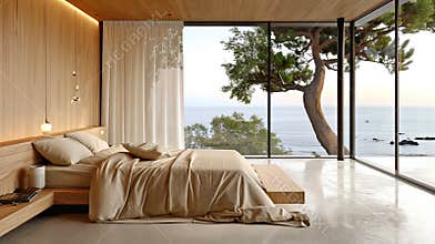 Minimalist bedroom interior with ocean sea view. Modern coastal interior. Summer, travel, vacation, dreams holiday