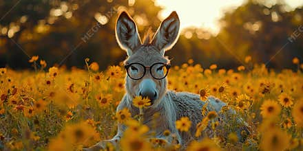 Donkey Wearing Glasses in Flower Field