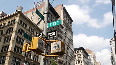 Fifth avenue, 5 ave road sign, Manhattan midtown architecture, New York City 5th av street corner.