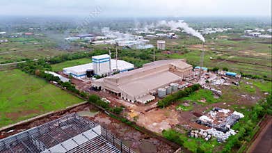 Aerial view of industrial polluted area with factories
