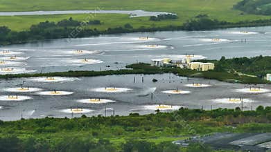 Aerial view of industrial sediment aeration pond at Brunswick cellulose and paper plant in Georgia, USA. Toxic influence