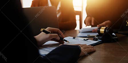 Mediation client meeting lawyer consulting government help, Businessman and Male lawyer or judge consult having team meeting with