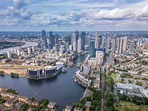Aerial view of the Canary Wharf business district in London.
