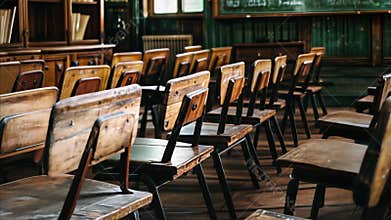 animation - Empty Classroom With Wooden Chairs