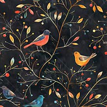 A seamless pattern of a cute birds and flowers. A dark wallpapers like crayons on a blackboard