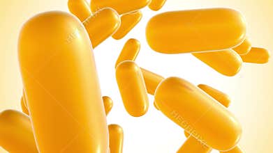 a swarm of bright yellow vitamin D capsules floating towards the viewer