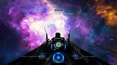 Spaceship dashboard with control panel. Space ship flying through the galaxy, future technology cockpit interior