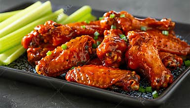 Platter of buffalo wings with celery sticks