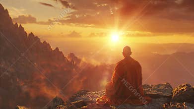 Buddhist monk meditating in a mount at sunset