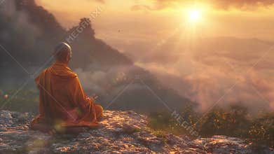 Buddhist monk meditating at sunset