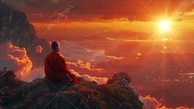 Video recreation of buddhist monk in a hill staring the sunset