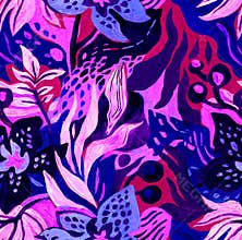 Bright hand drawn abstract seamless pattern with tropical flowers.