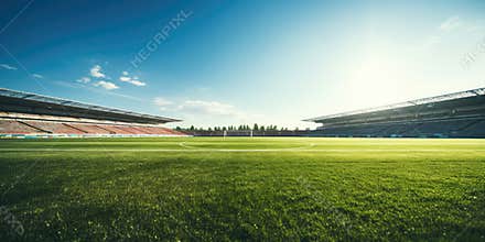Empty modern football stadium with a blue sky and green grass field, sports banner background