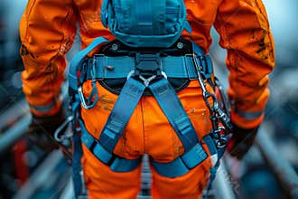Workers in safety harnesses high above, ensuring safety with attachments against blurred sky