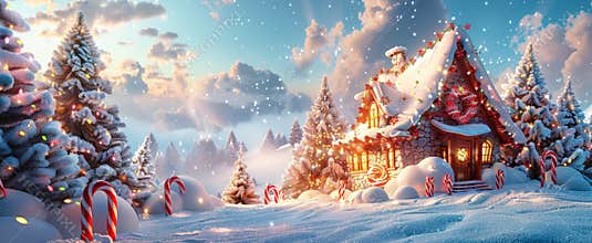 3D cartoon backdrop of a cozy house in snow with Christmas decorations and candy canes