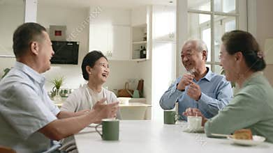two senior asian couples having a pleasant conversation