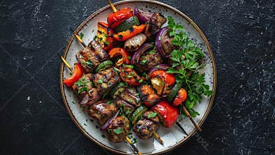 Grilled Meat And Vegetable Skewers On Plate
