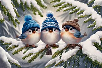 Adorable Trio of Birds in Winter Hats Sitting on Snowy Branches