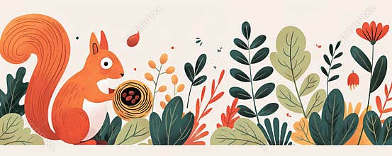 Forest animals, squirrels gathering nuts and birds building nests, flat design illustration