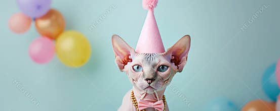 Sphynx cat wearing a pink party hat with colorful balloons on a pastel background, celebration and festive occasion