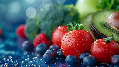 Generative AI fruit and Vegetable Blueberries cherry Tomatoes Avocado Broccoli Kiwi and green apple on blue backgr