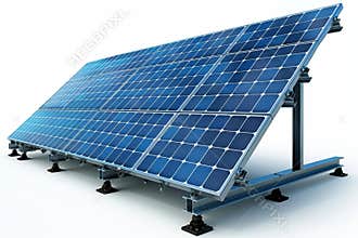 3d eco power plant solar panels on metal racks for green energy generation on white ground