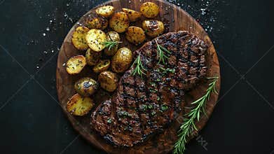 Grilled Steak and Roasted Potatoes on Round Wooden Board
