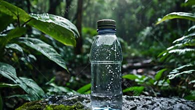 Mineral plastic water bottle in the green forest, mockup with summer background