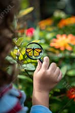 Child Observing Butterfly with Magnifier