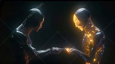 Couple of robots in romantic conversation. AI technology and innovation in a futuristic virtual environment
